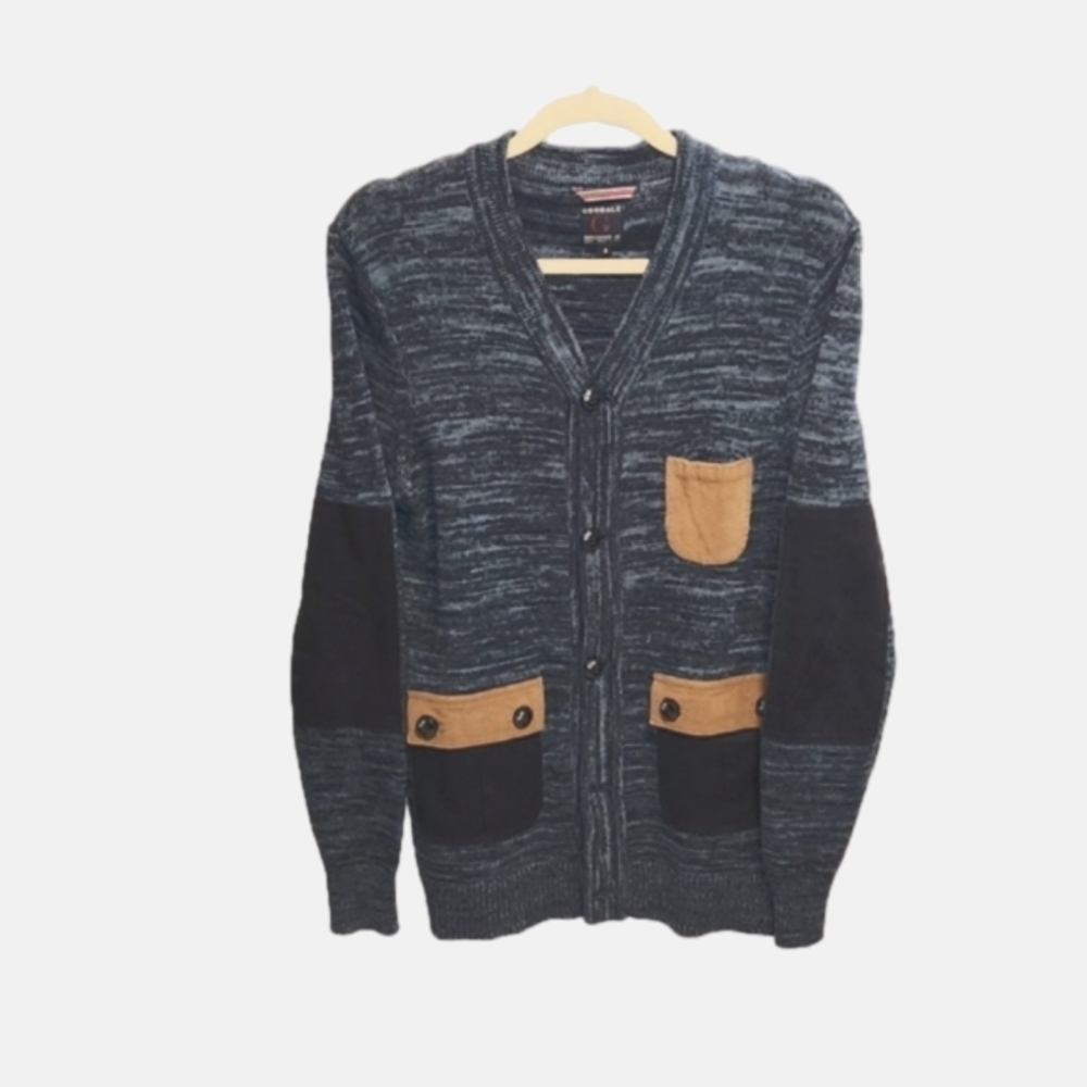 NWOT Goodale blue cotton blend cardigan  with patched  pockets and elbow sz L